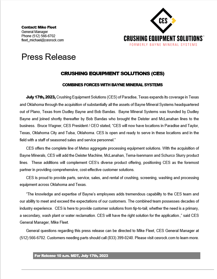 Crushing Equipment Solutions Combines Forces with Bayne Mineral System